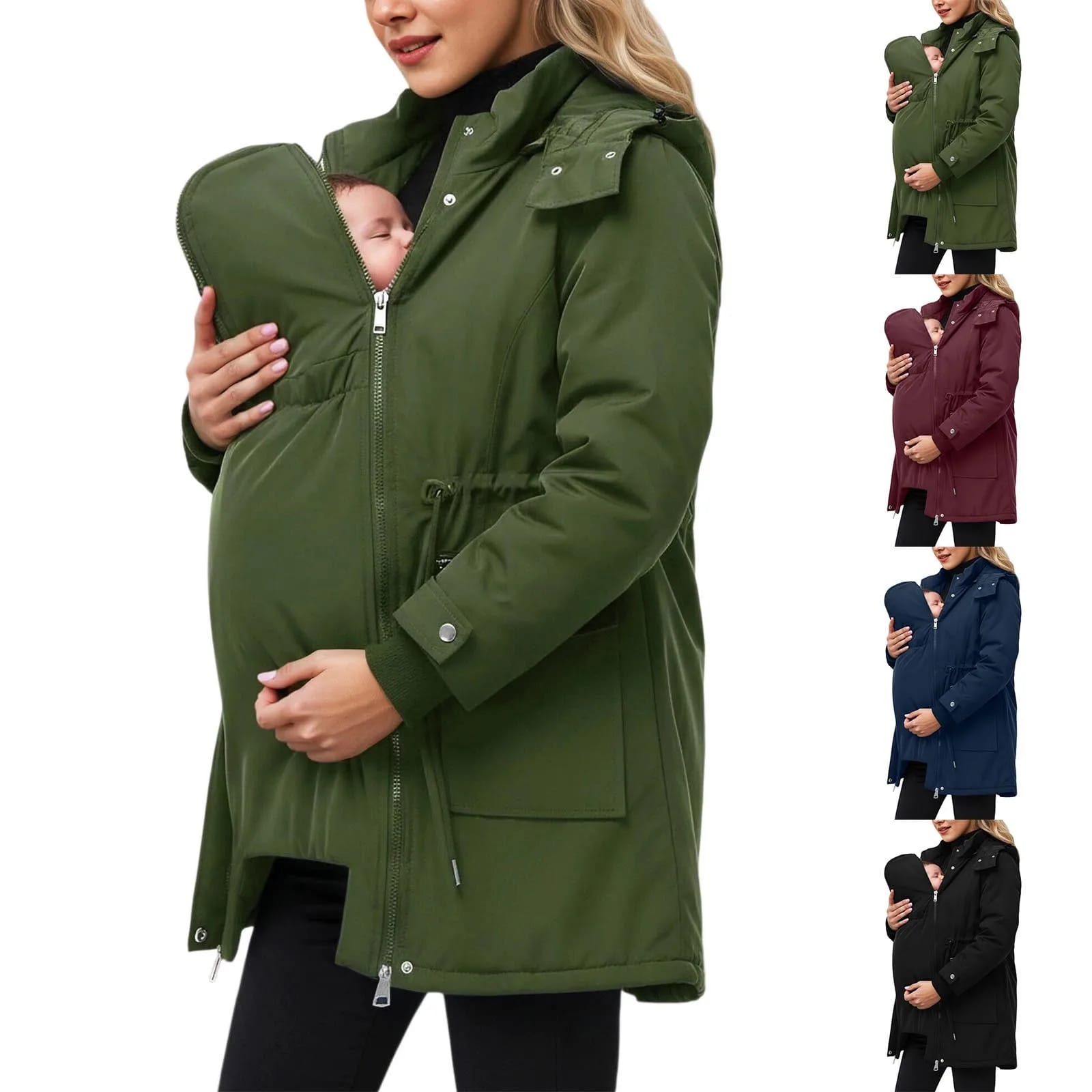 Camperas y Abrigos Maternales con Capucha para Mujer, Color Liso, Manga Larga, Polar Grueso y Cálido. Diseño 2 en 1 para llevar al Bebé. Ideal Invierno.